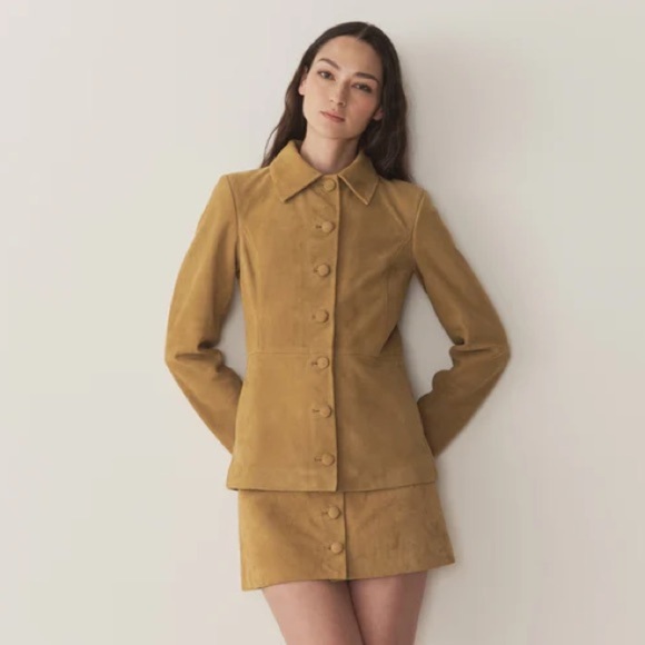 NWT Doen Courtney Goat Suede Button Pocket Mini Skirt Light Camel Tan - Picture 3 of 13